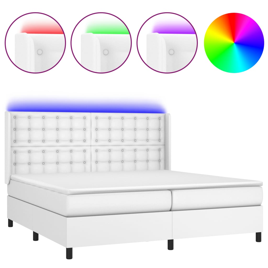 vidaXL Cama box spring colchón y LED cuero sintético blanco 200x200 cm