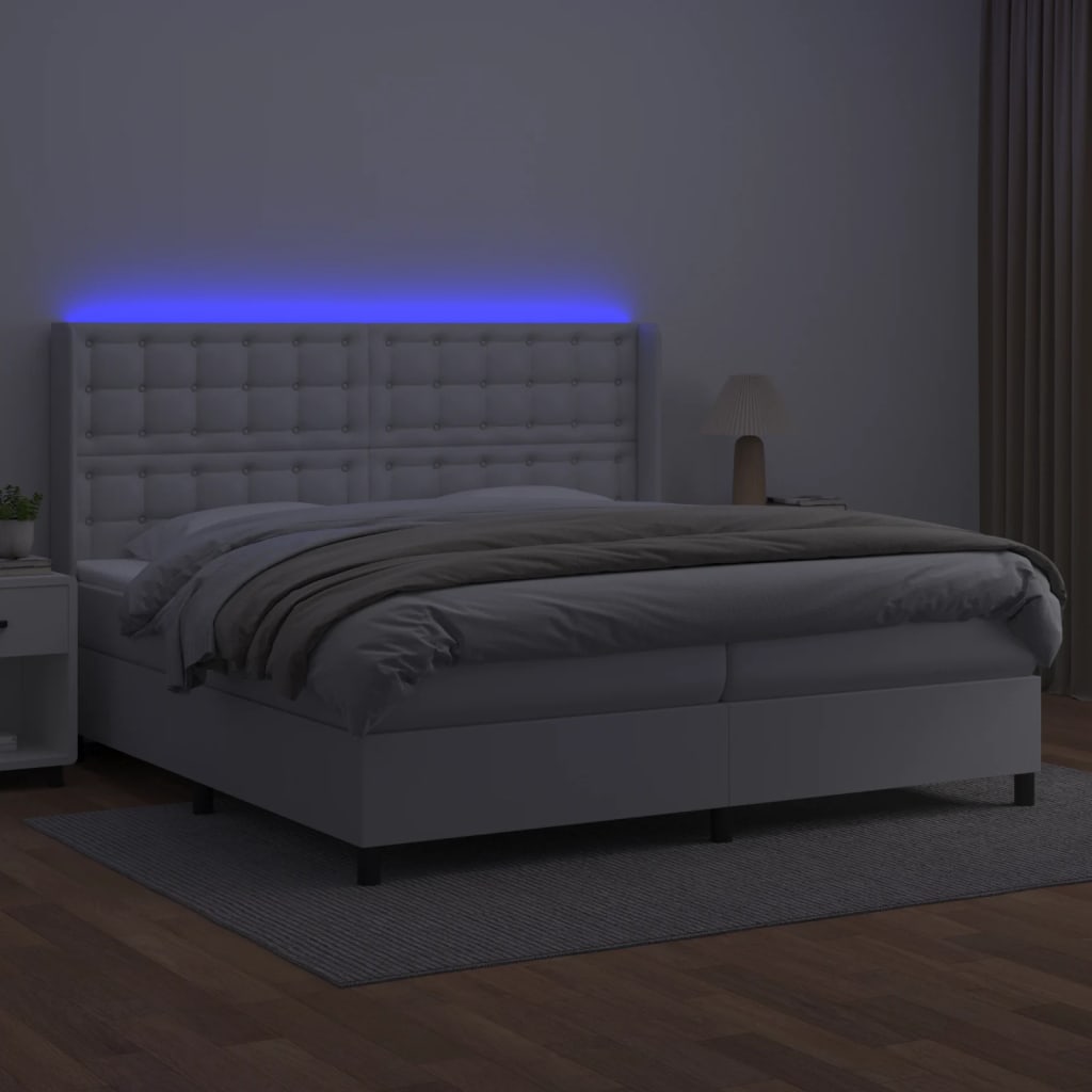 vidaXL Cama box spring colchón y LED cuero sintético blanco 200x200 cm