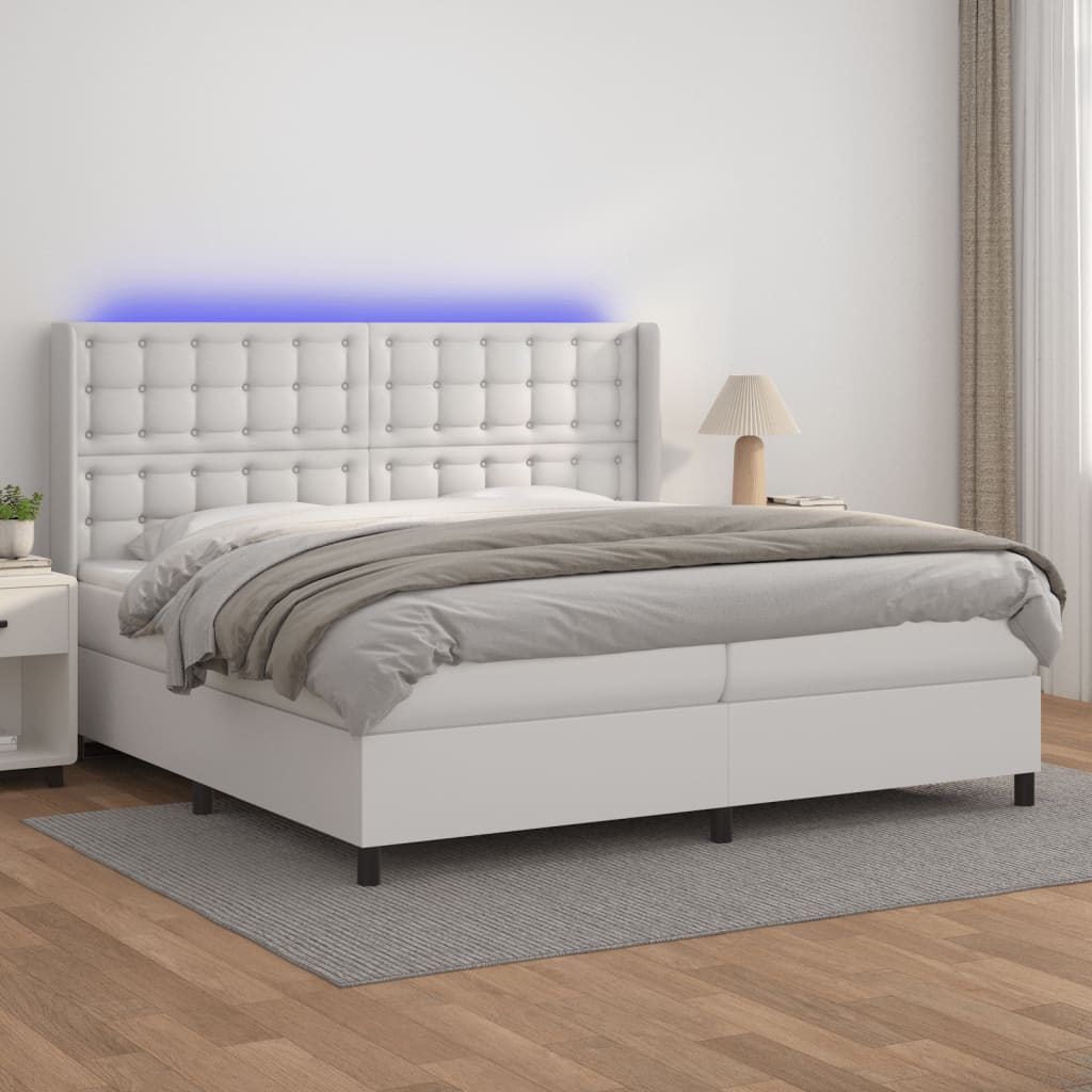 vidaXL Cama box spring colchón y LED cuero sintético blanco 200x200 cm