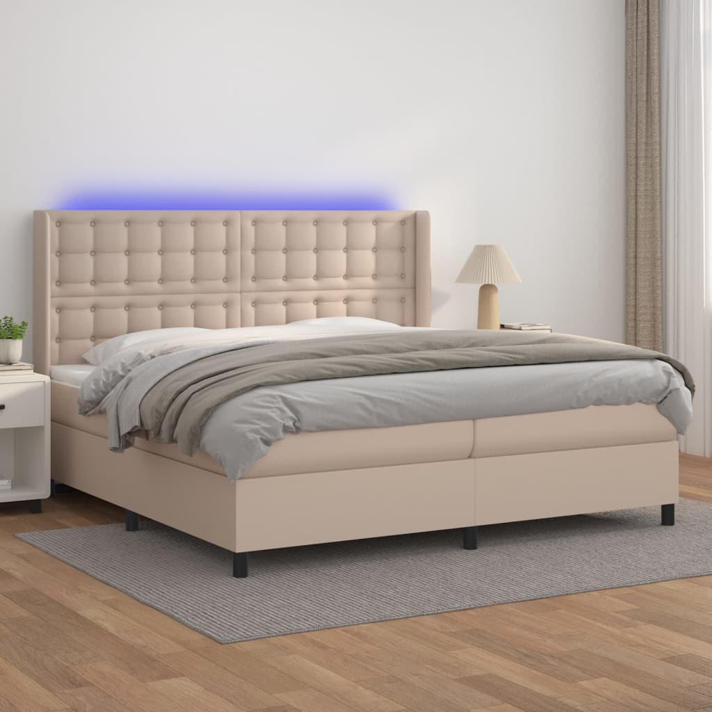 vidaXL Cama box spring colchón LED cuero sintético capuchino 200x200cm