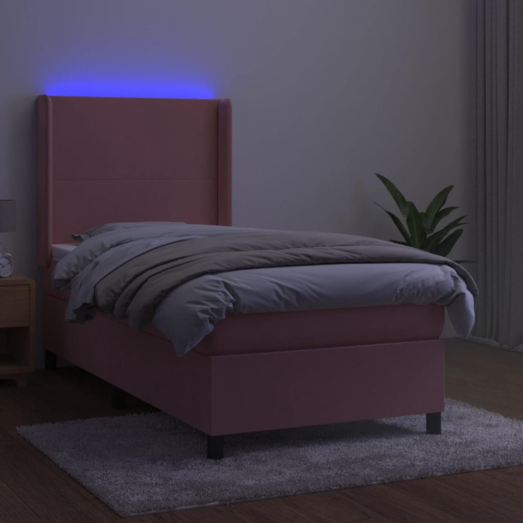 vidaXL Cama box spring colchón y LED terciopelo rosa 90x200 cm