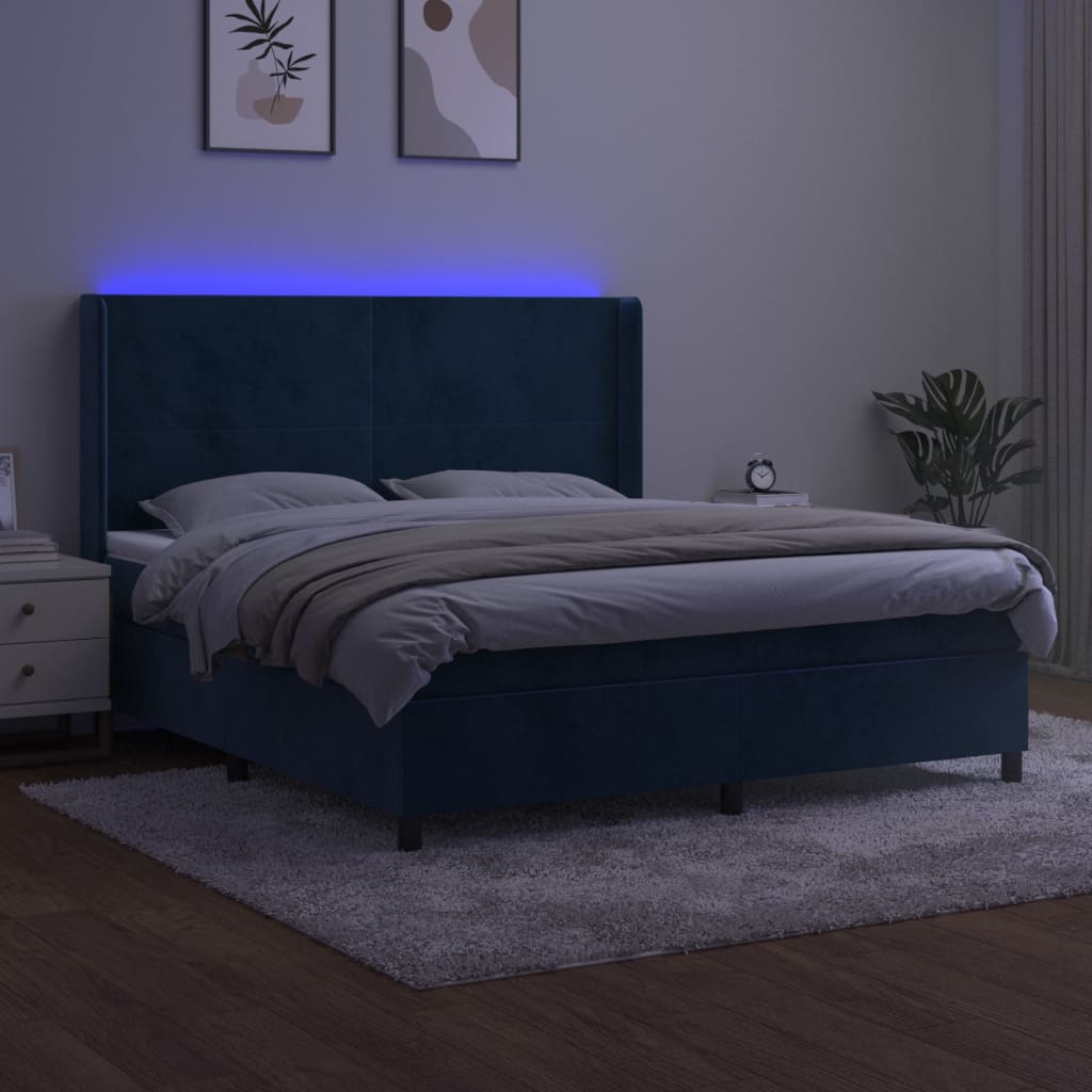 vidaXL Cama box spring colchón y LED terciopelo azul oscuro 160x200 cm