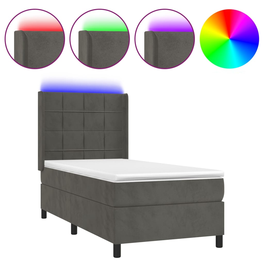 vidaXL Cama box spring colchón y LED terciopelo gris oscuro 80x200 cm