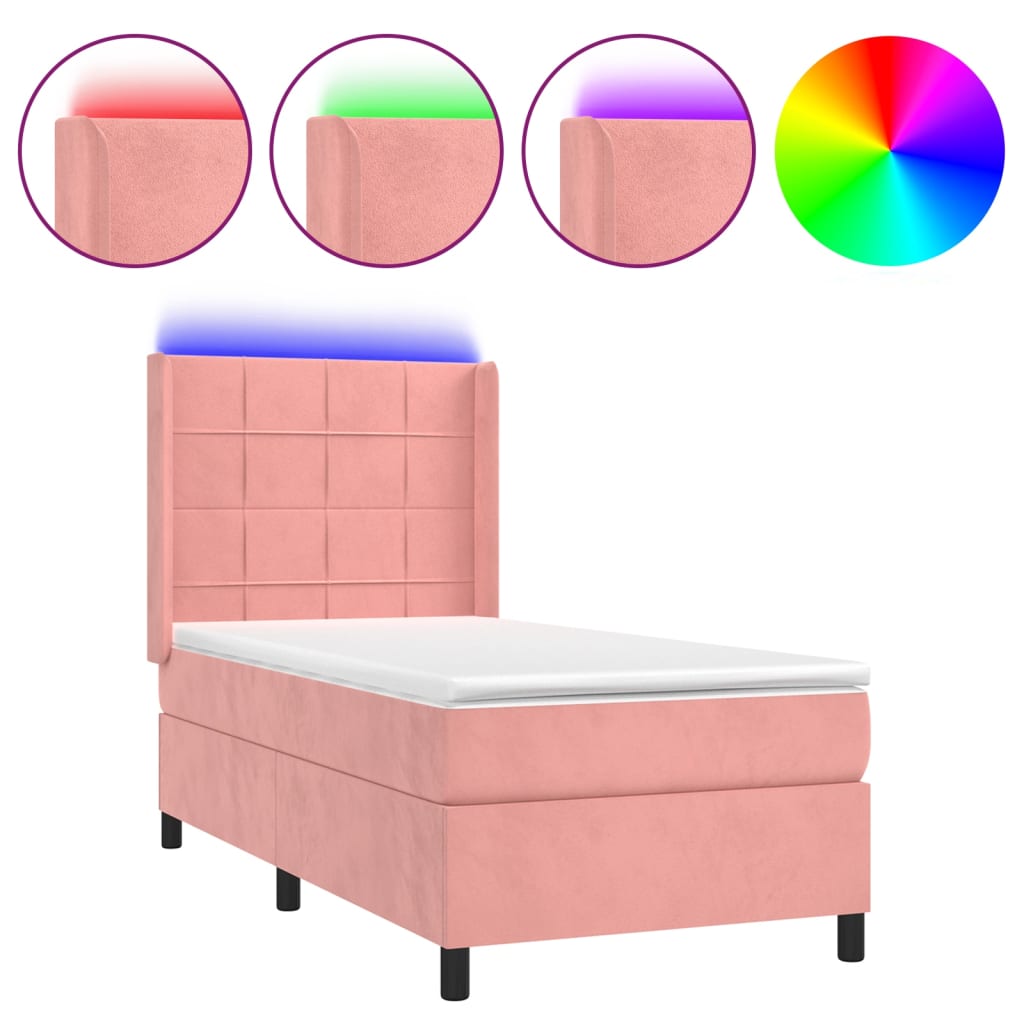 vidaXL Cama box spring colchón y LED terciopelo rosa 100x200 cm