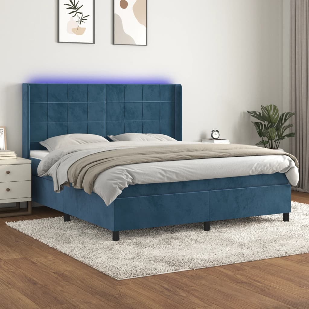 vidaXL Cama box spring colchón y LED terciopelo azul oscuro 160x200 cm