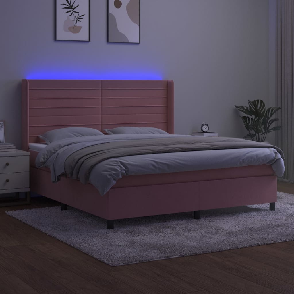 vidaXL Cama box spring colchón y LED terciopelo rosa 160x200 cm