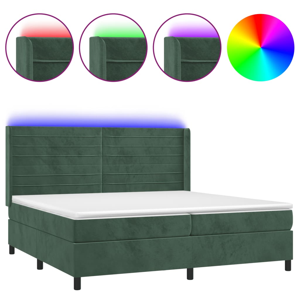 vidaXL Cama box spring colchón y LED terciopelo verde oscuro 200x200cm