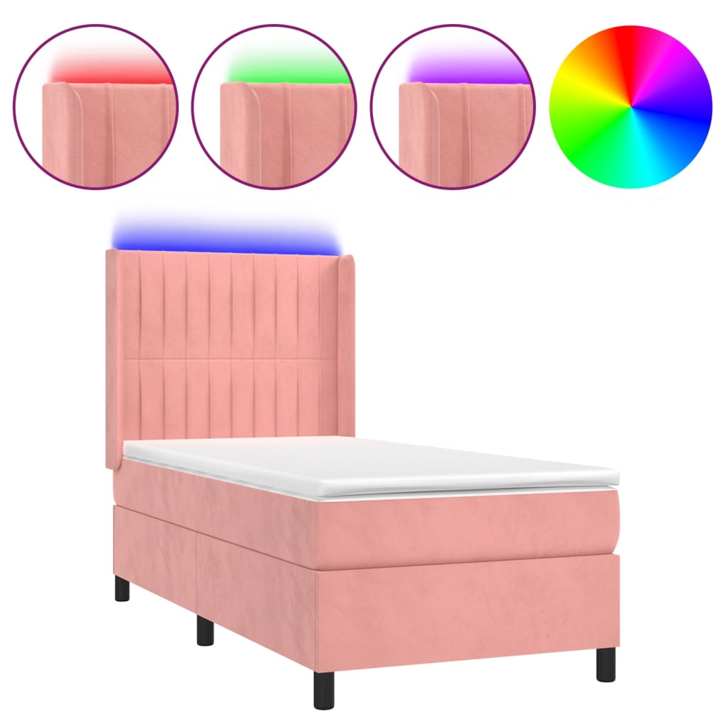 vidaXL Cama box spring colchón y LED terciopelo rosa 100x200 cm