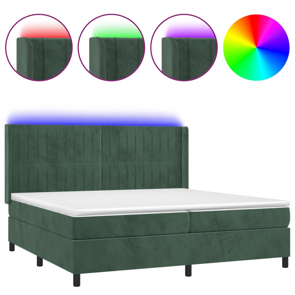 vidaXL Cama box spring colchón y LED terciopelo verde oscuro 200x200cm