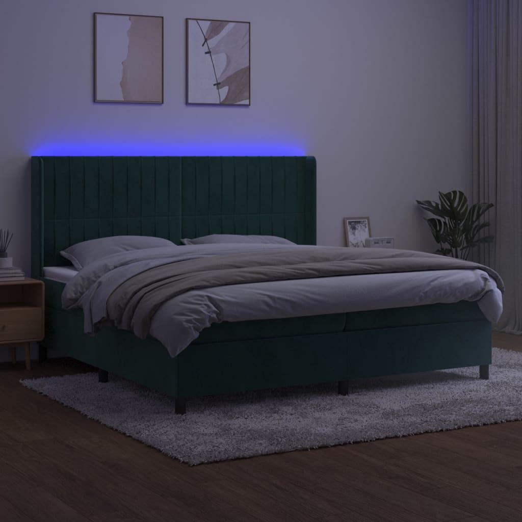 vidaXL Cama box spring colchón y LED terciopelo verde oscuro 200x200cm