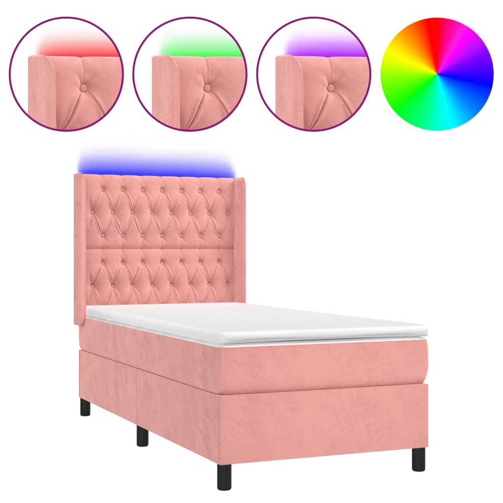 vidaXL Cama box spring colchón y LED terciopelo rosa 90x200 cm