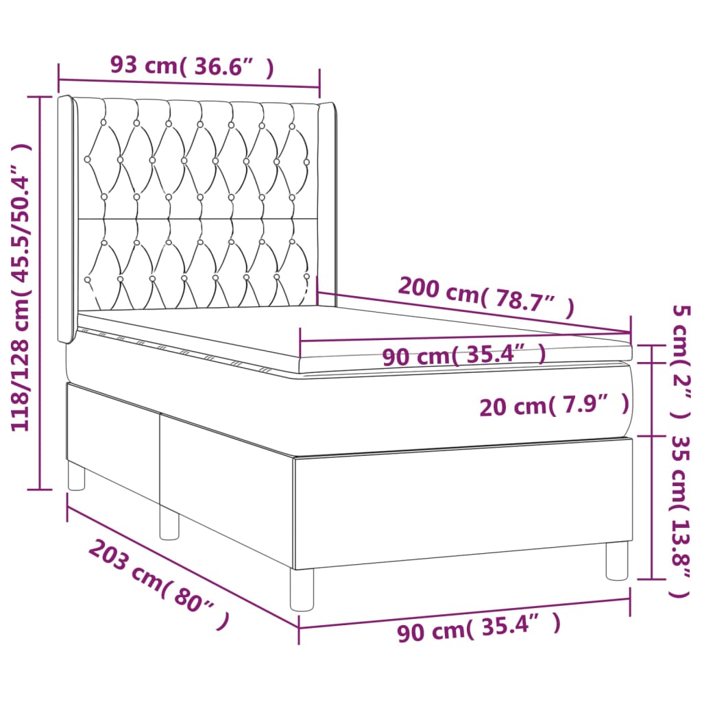 vidaXL Cama box spring colchón y LED terciopelo rosa 90x200 cm