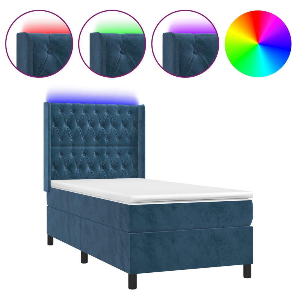 vidaXL Cama box spring colchón y LED terciopelo azul oscuro 100x200 cm