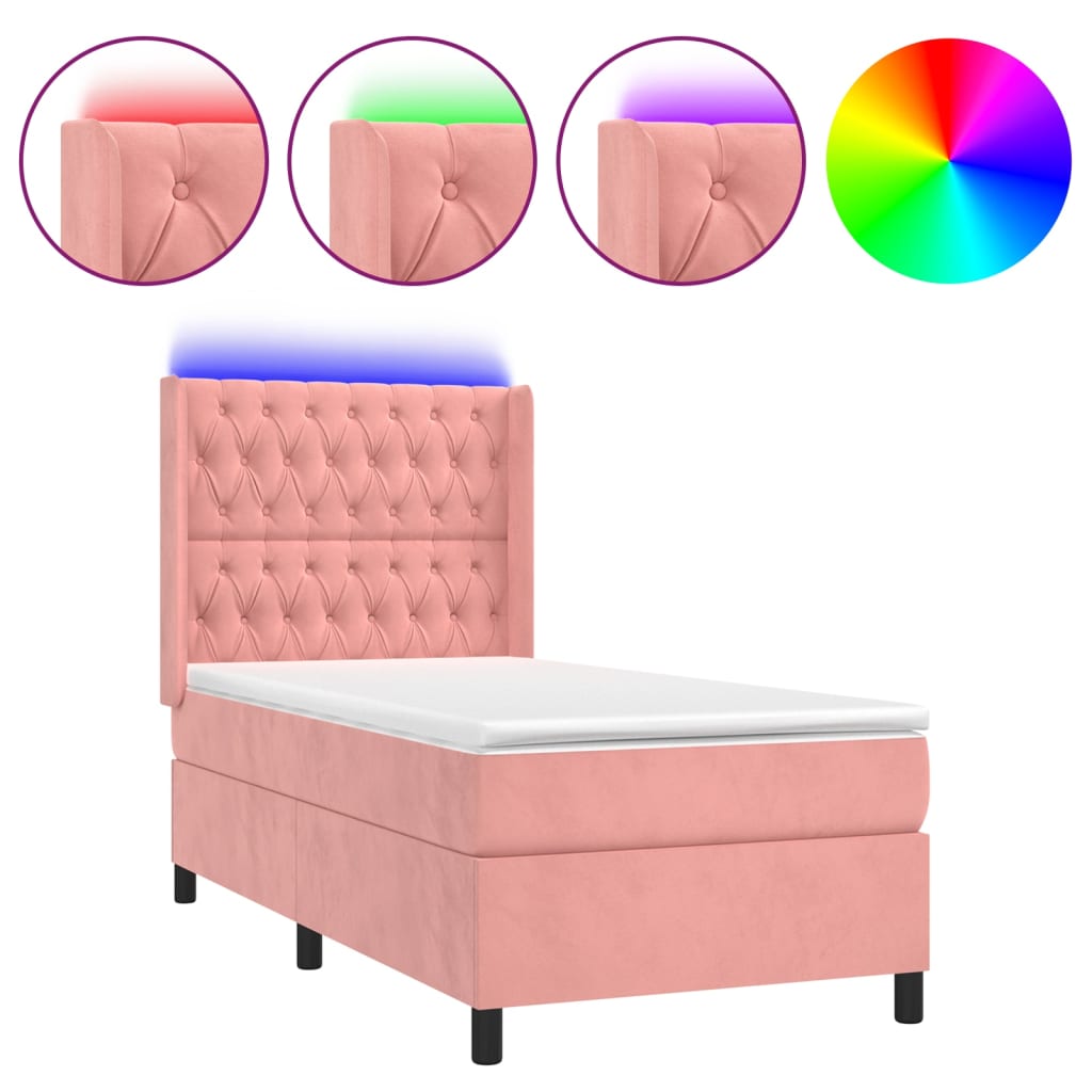 vidaXL Cama box spring colchón y LED terciopelo rosa 100x200 cm