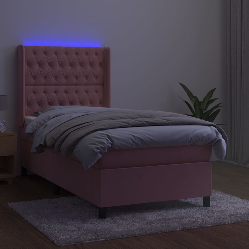 vidaXL Cama box spring colchón y LED terciopelo rosa 100x200 cm