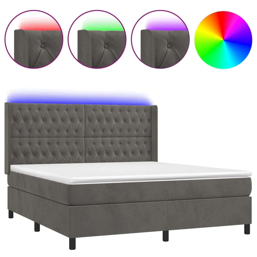 vidaXL Cama box spring colchón y LED terciopelo gris oscuro 160x200 cm