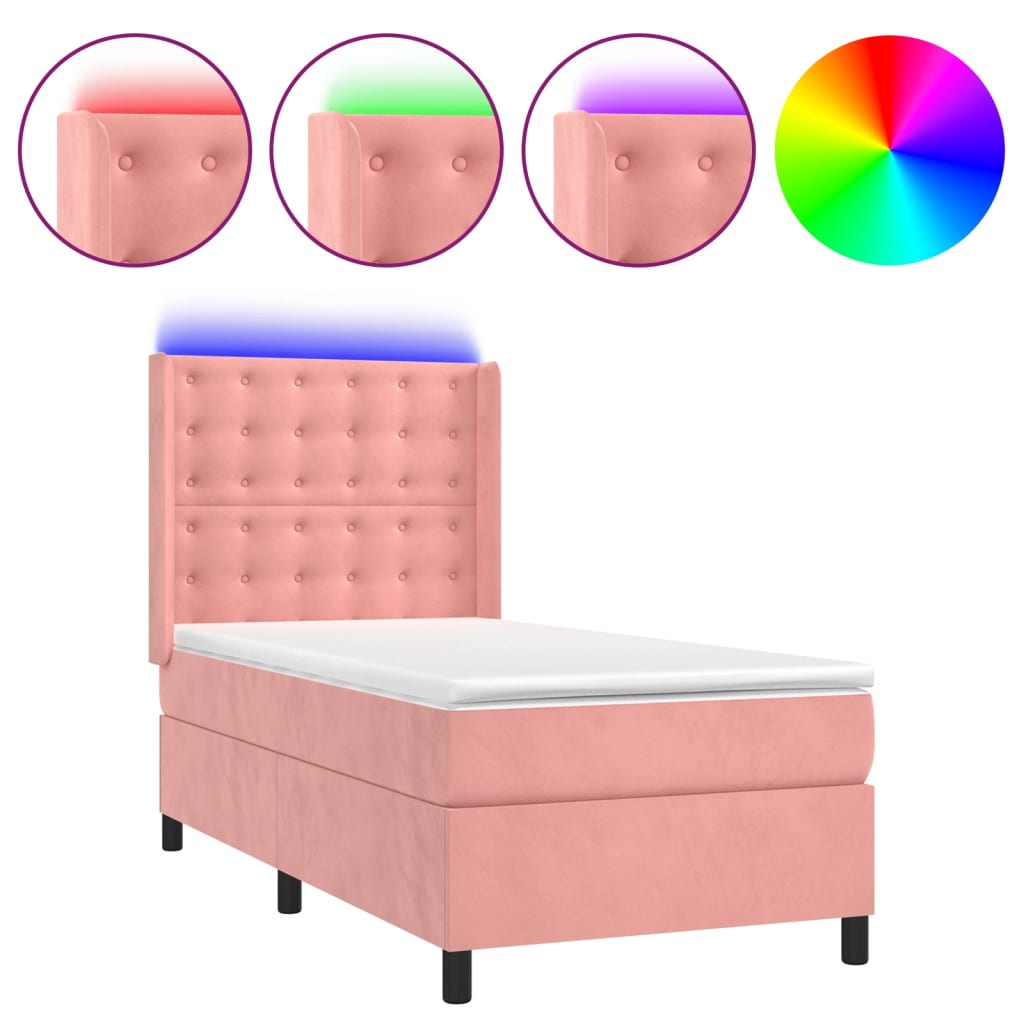 vidaXL Cama box spring colchón y LED terciopelo rosa 90x200 cm