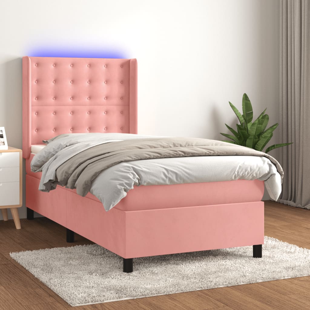 vidaXL Cama box spring colchón y LED terciopelo rosa 90x200 cm