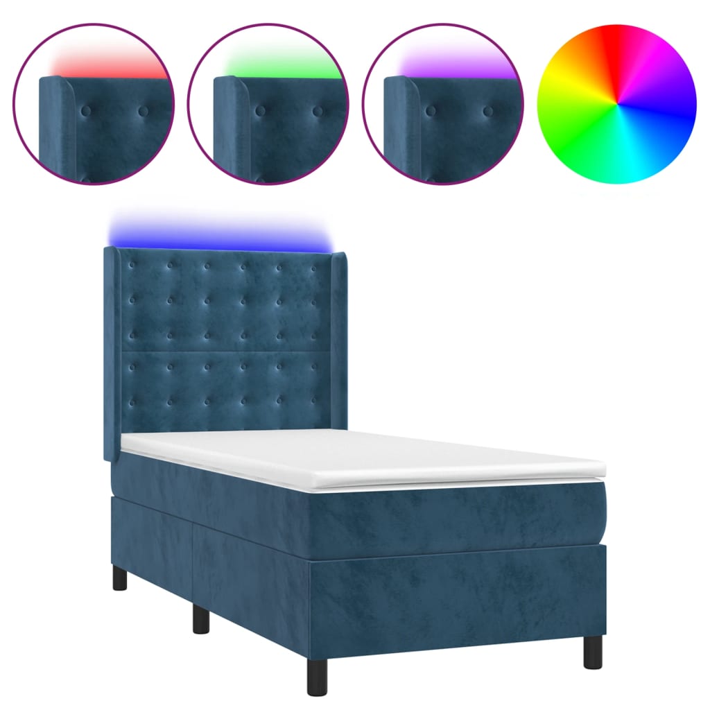 vidaXL Cama box spring colchón y LED terciopelo azul oscuro 100x200 cm