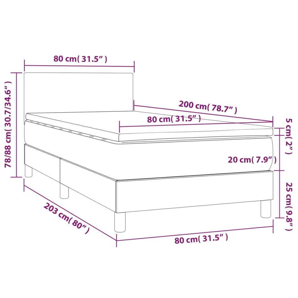 vidaXL Cama box spring con colchón LED tela marrón oscuro 80x200 cm