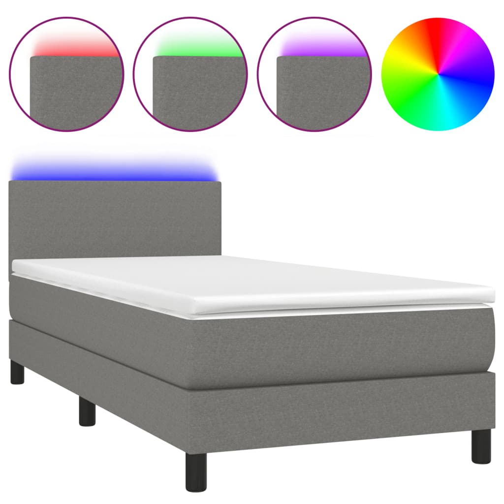 vidaXL Cama box spring con colchón y LED tela gris oscuro 90x190 cm