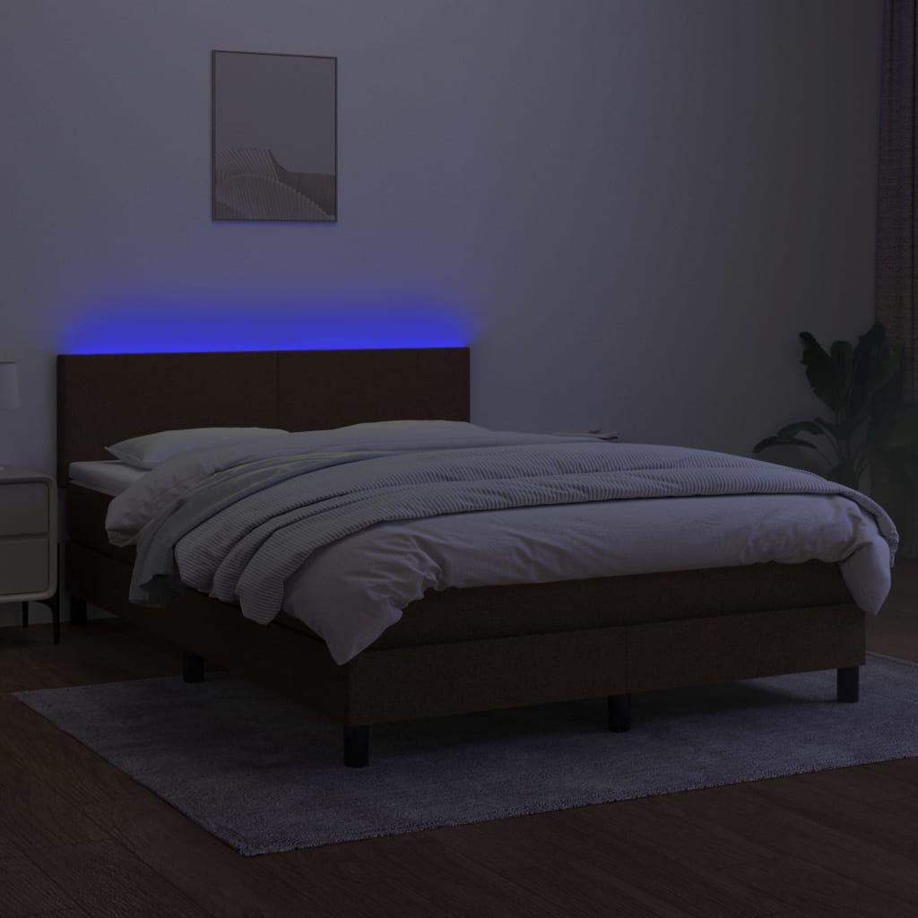 vidaXL Cama box spring con colchón LED tela marrón oscuro 140x200 cm