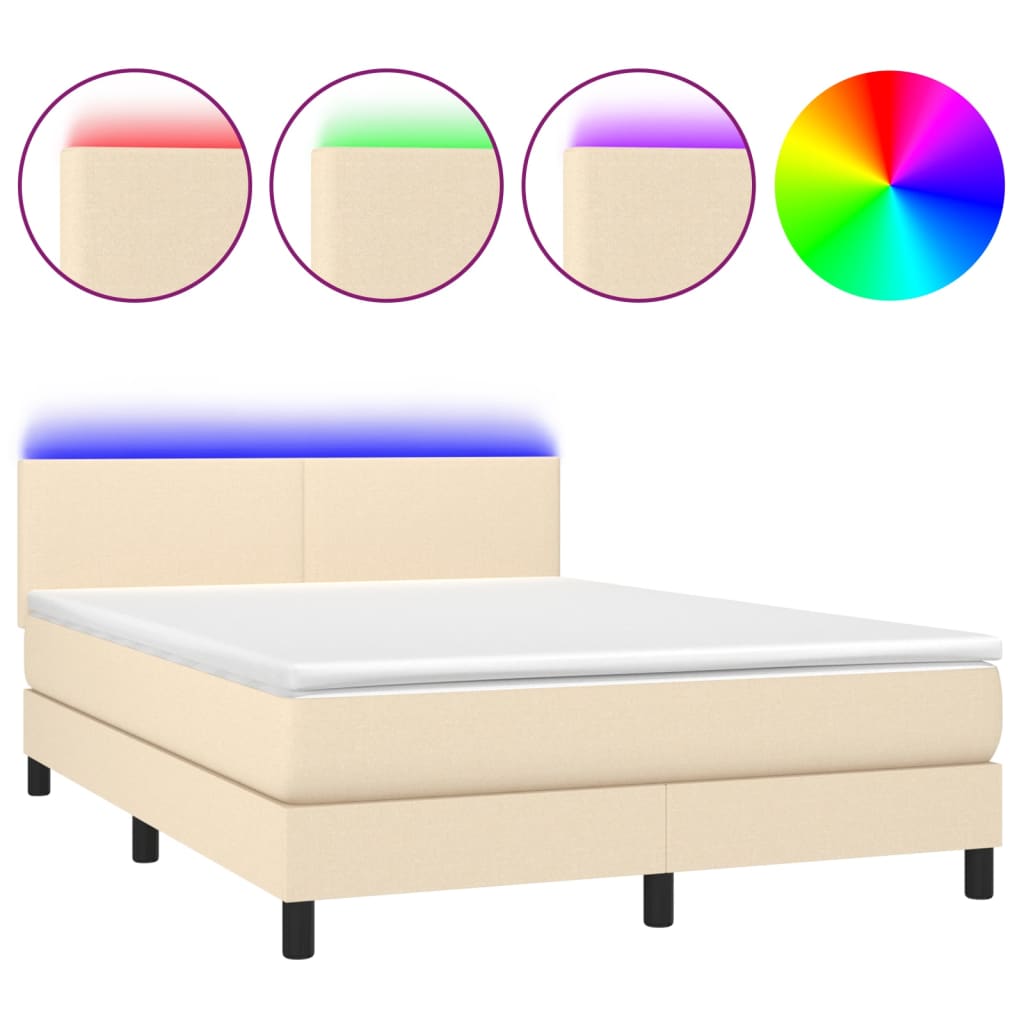 vidaXL Cama box spring con colchón y LED tela crema 140x200 cm