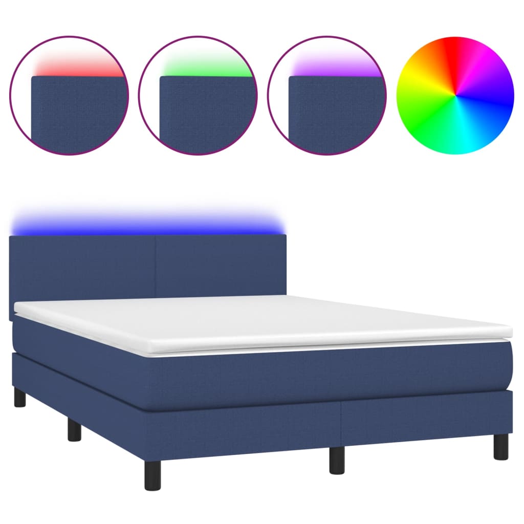 vidaXL Cama box spring con colchón y LED tela azul 140x200 cm