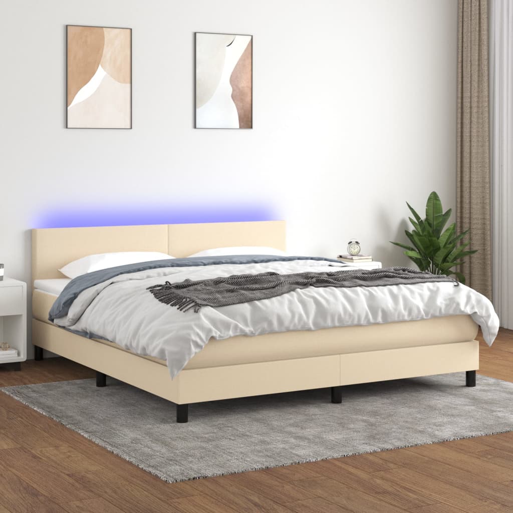 vidaXL Cama box spring con colchón y LED tela crema 160x200 cm