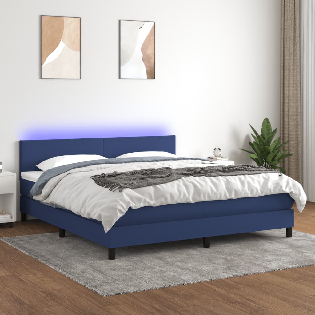 vidaXL Cama box spring con colchón y LED tela azul 160x200 cm