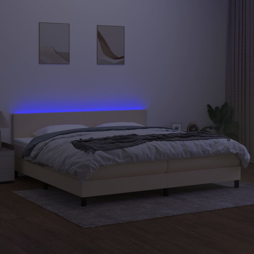 vidaXL Cama box spring con colchón y LED tela crema 200x200 cm