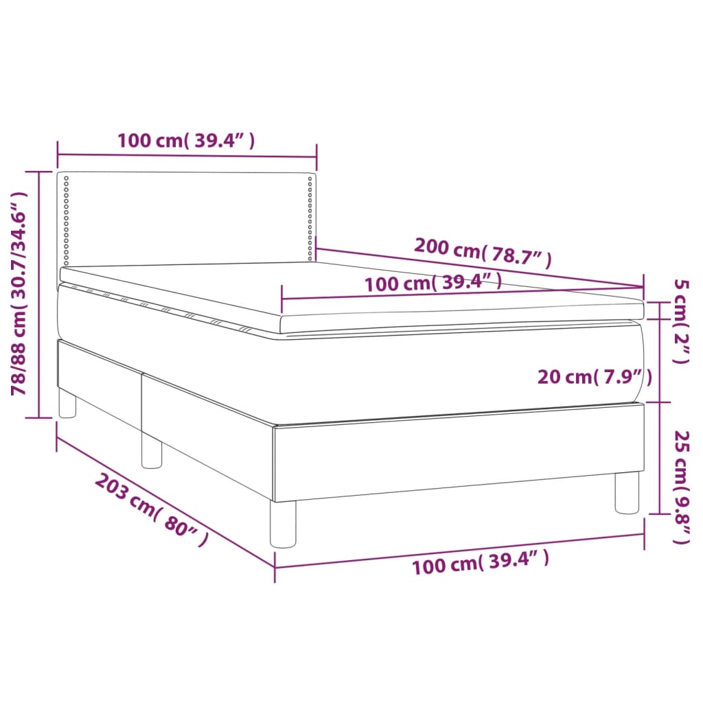 vidaXL Cama box spring colchón y luces LED tela gris oscuro 100x200 cm