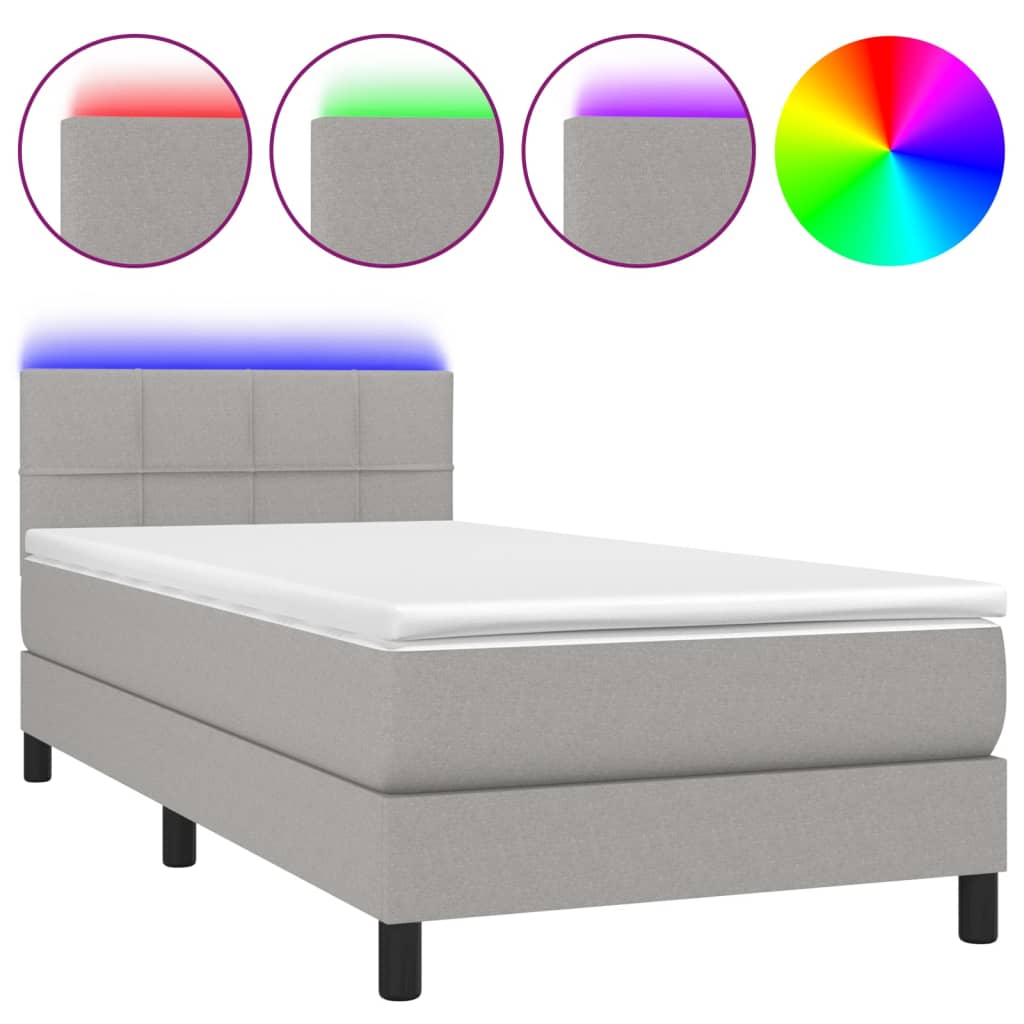 vidaXL Cama box spring colchón y luces LED tela gris claro 90x190 cm