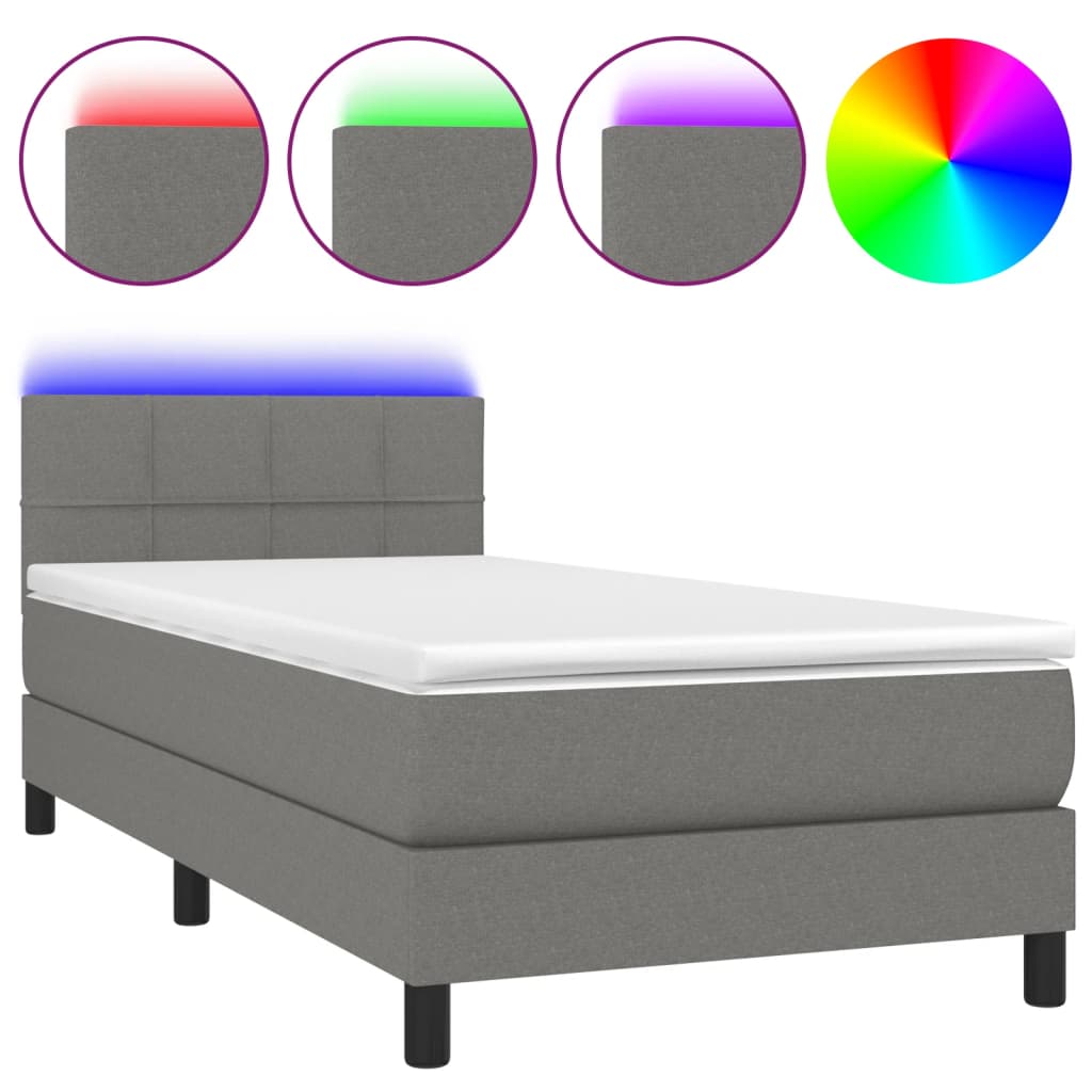 vidaXL Cama box spring colchón y luces LED tela gris oscuro 90x190 cm