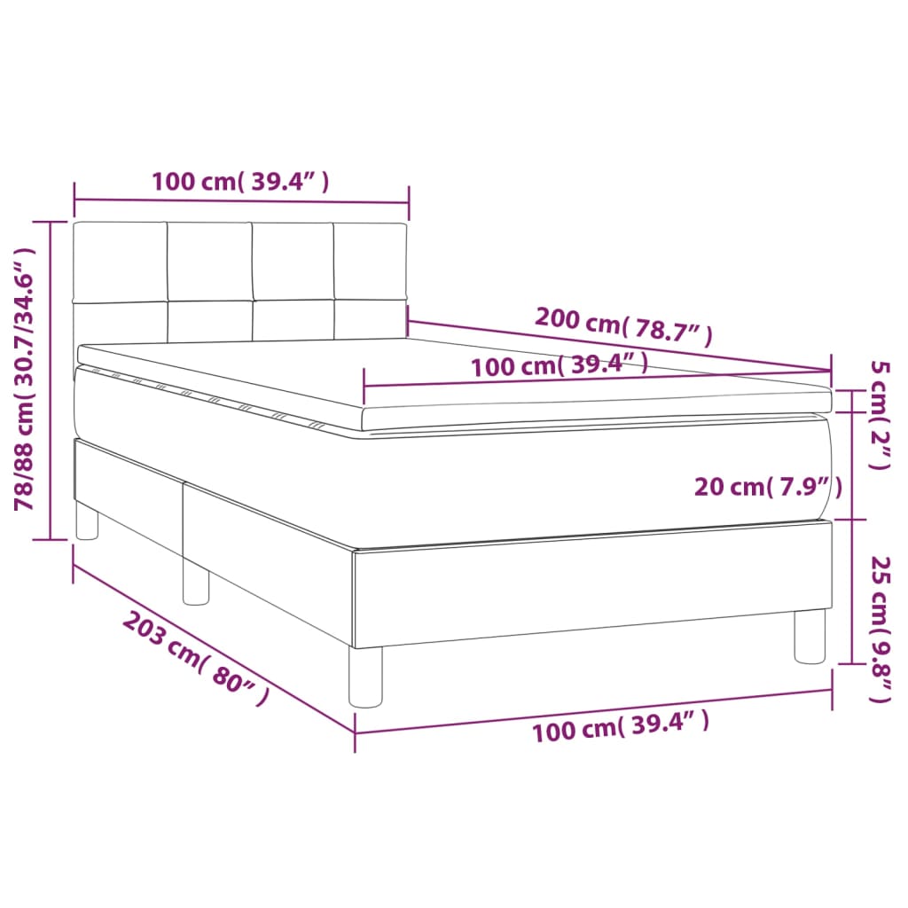 vidaXL Cama box spring colchón y luces LED tela gris oscuro 100x200 cm