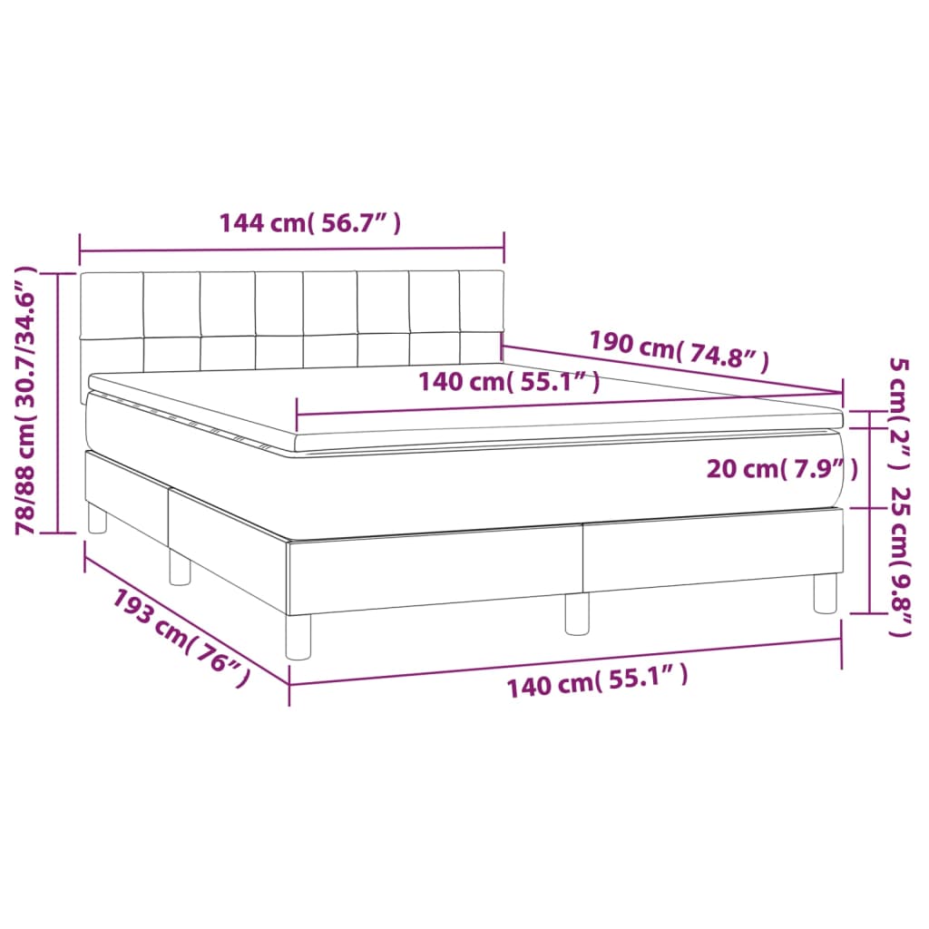 vidaXL Cama box spring colchón y luces LED tela gris claro 140x190 cm