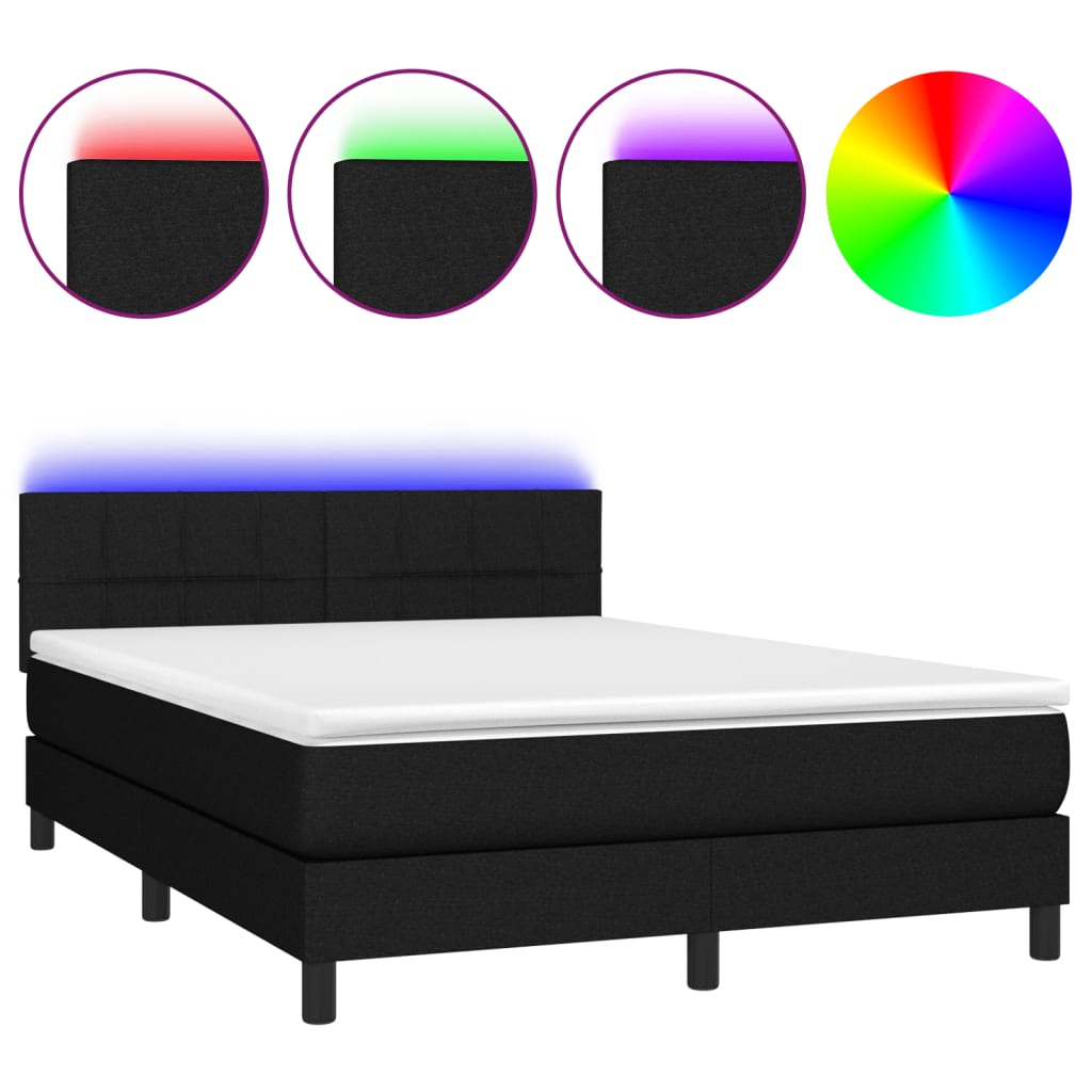 vidaXL Cama box spring colchón y luces LED tela negro 140x190 cm