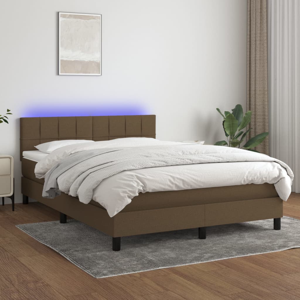 vidaXL Cama box spring colchón luces LED tela marrón oscuro 140x190 cm