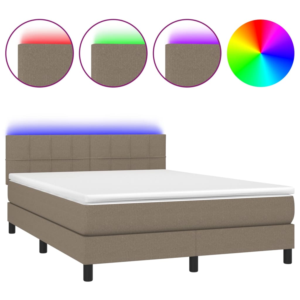 vidaXL Cama box spring colchón y luces LED tela gris taupe 140x190 cm