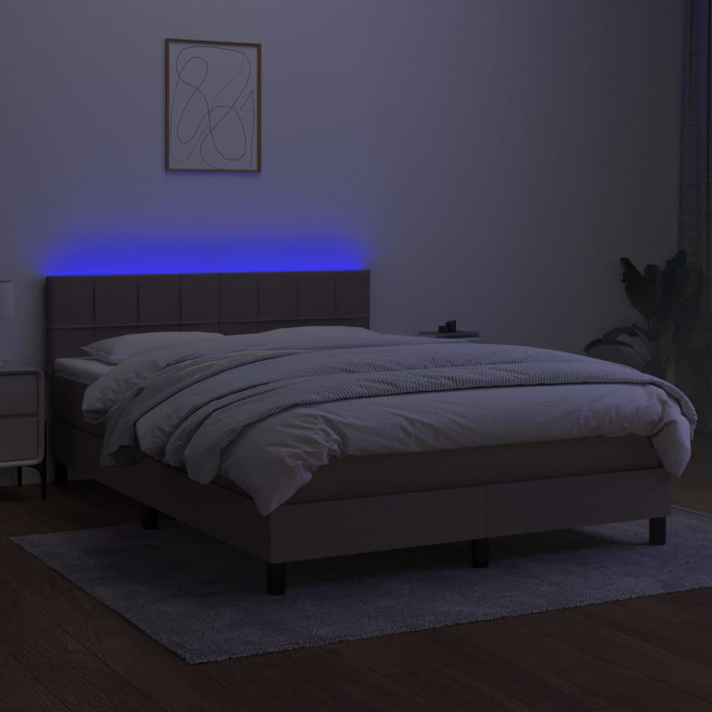 vidaXL Cama box spring colchón y luces LED tela gris taupe 140x190 cm