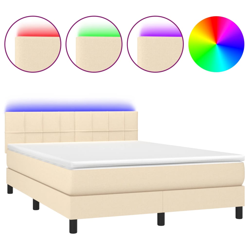 vidaXL Cama box spring colchón y luces LED tela crema 140x190 cm