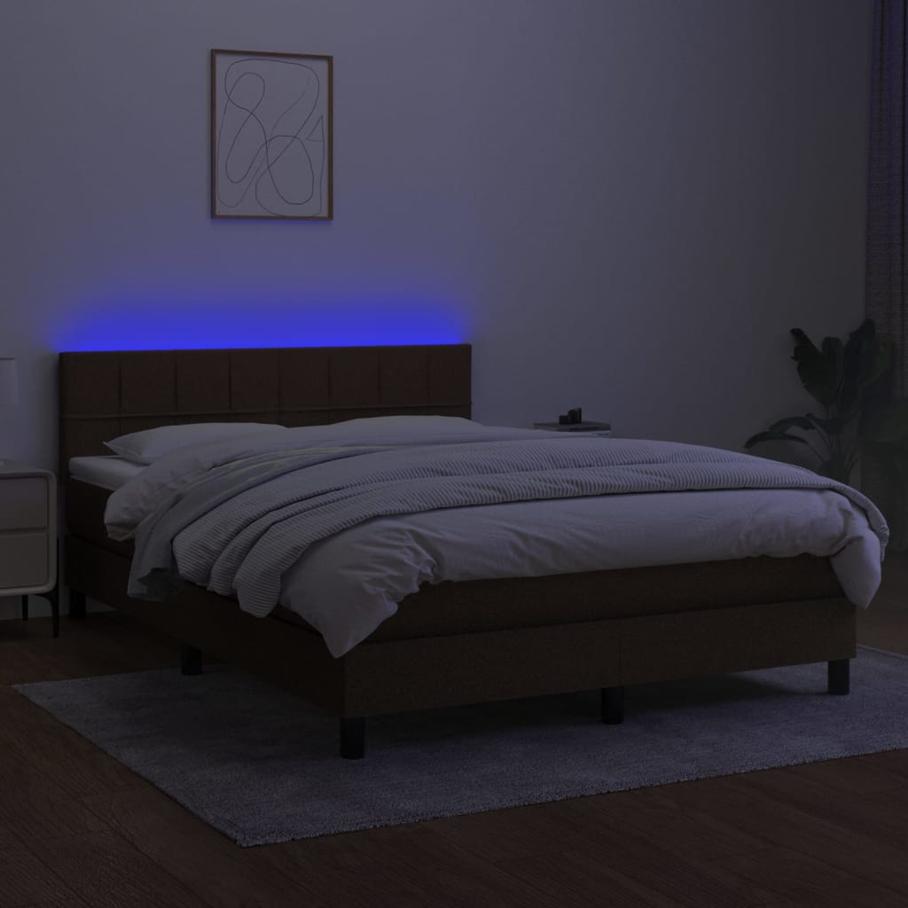 vidaXL Cama box spring colchón luces LED tela marrón oscuro 140x200cm