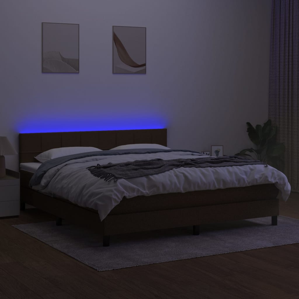 vidaXL Cama box spring colchón luces LED tela marrón oscuro 180x200cm