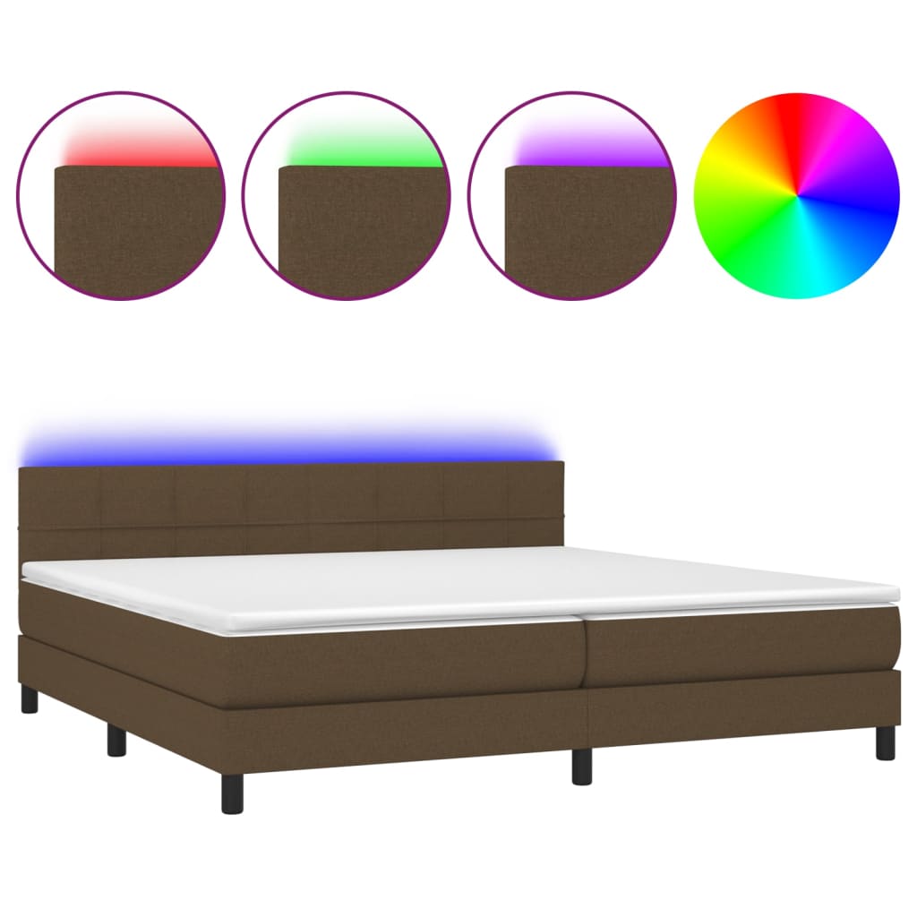 vidaXL Cama box spring colchón luces LED tela marrón oscuro 200x200 cm