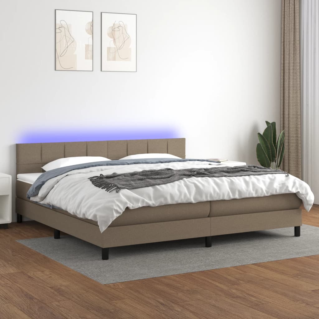 vidaXL Cama box spring colchón y luces LED tela gris taupe 200x200 cm