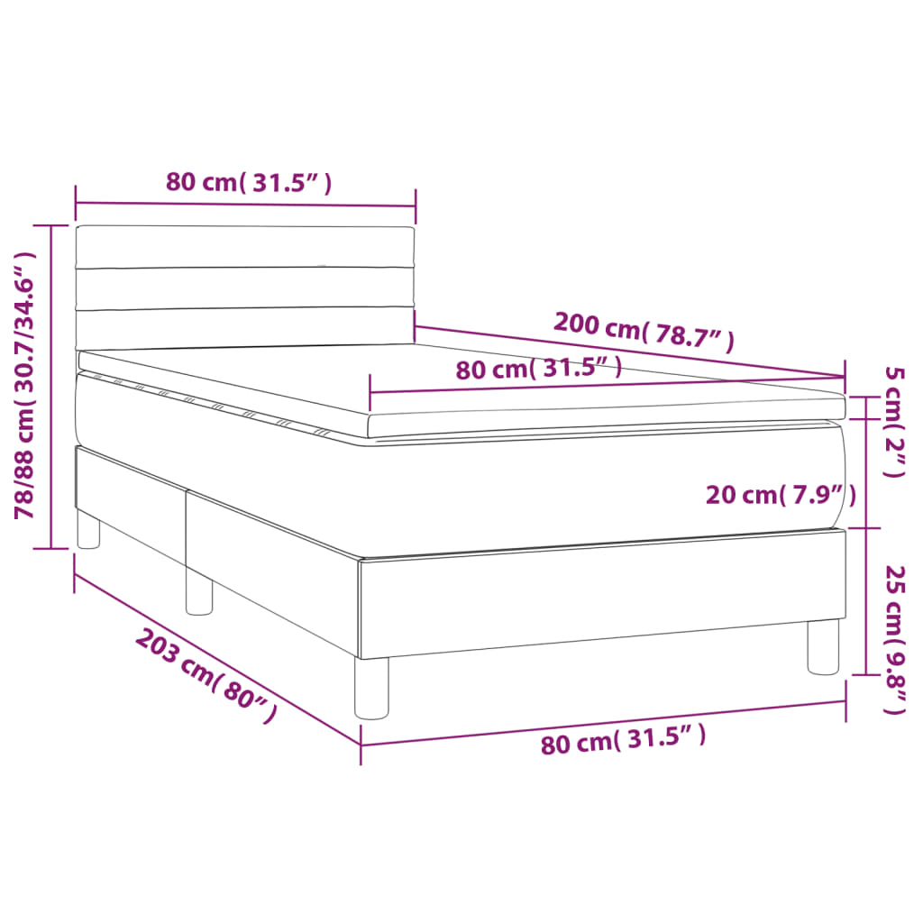 vidaXL Cama box spring colchón y luces LED tela marrón oscuro 80x200cm