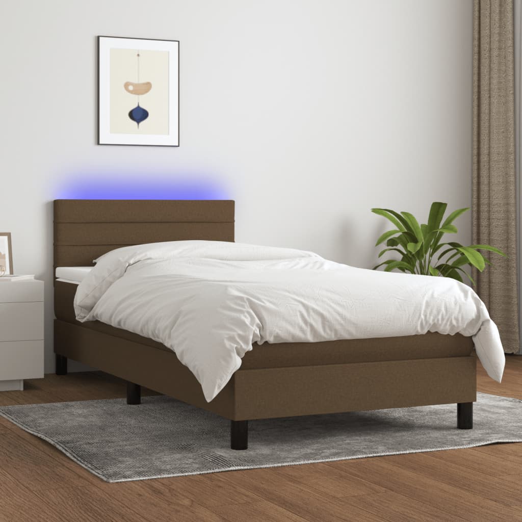 vidaXL Cama box spring colchón y luces LED tela marrón oscuro 80x200cm