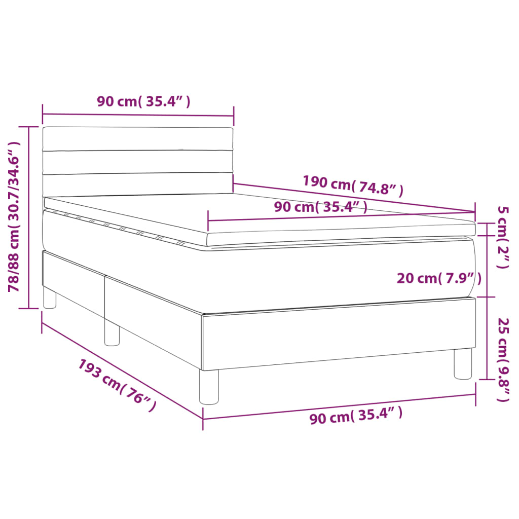 vidaXL Cama box spring colchón y luces LED tela gris claro 90x190 cm