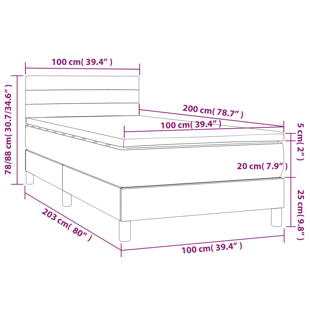 vidaXL Cama box spring colchón y luces LED tela gris oscuro 100x200 cm