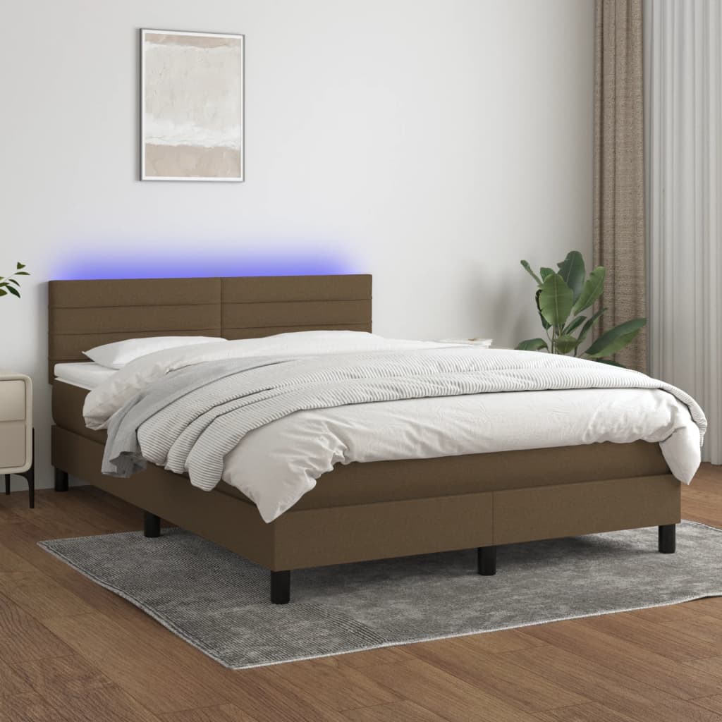 vidaXL Cama box spring colchón luces LED tela marrón oscuro 140x200cm